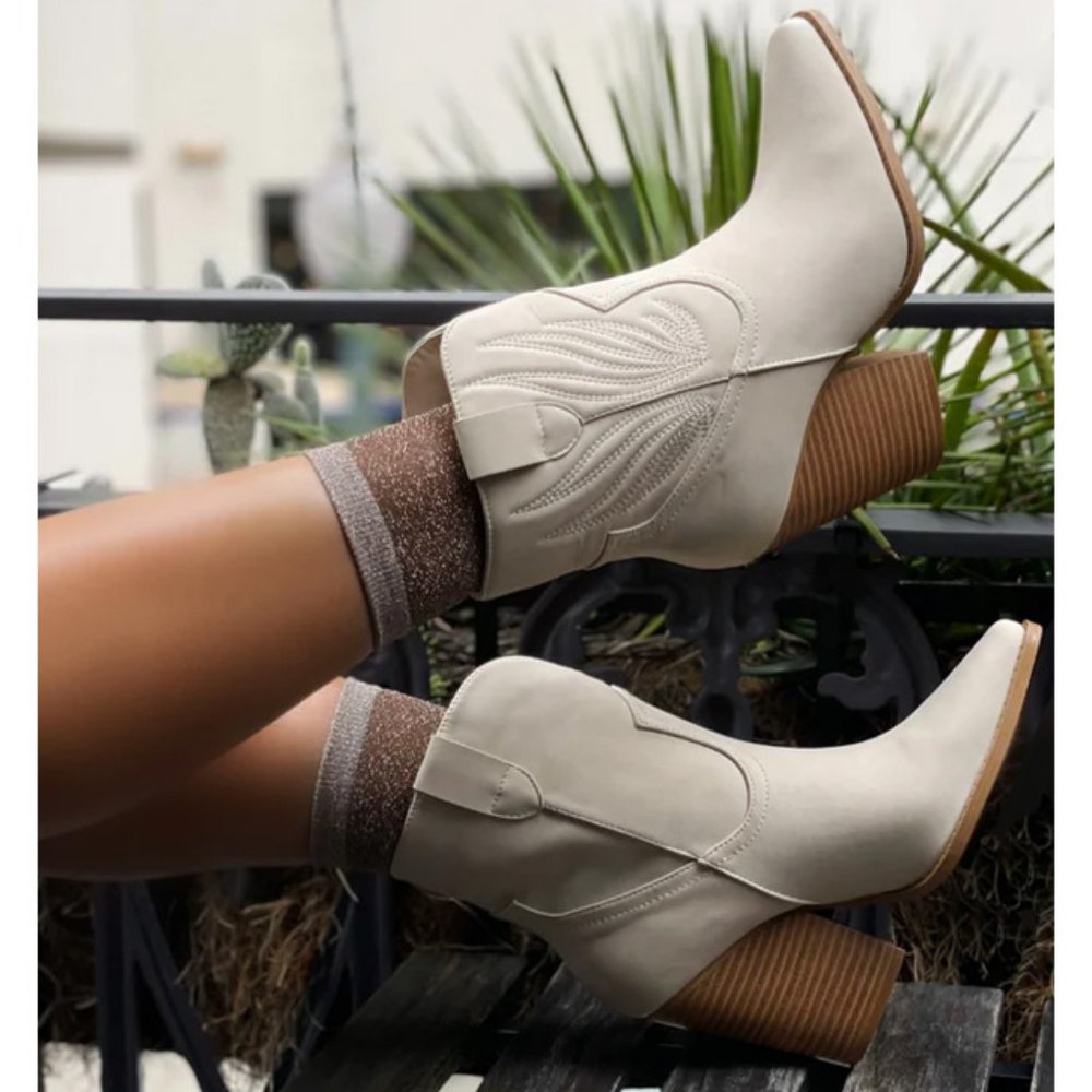 NEW Beige Distress Nubuck PU Western Cowboy Block Heel Ankle Booties Boots Shoe